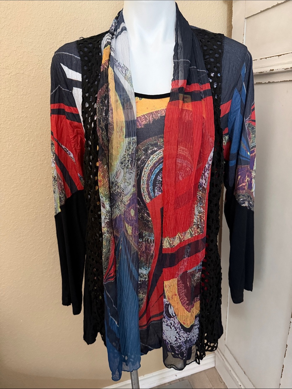 Abstract Art to Wear Multicolor Open-Front Sweater Cardigan - Colorful